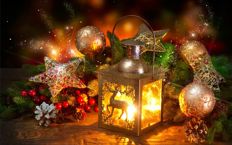 Christmas Lantern with Ornaments — Gold