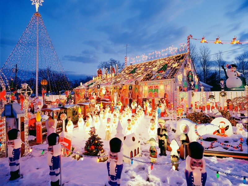 Christmas Light Display — White, Festive, Night, Photograph, House