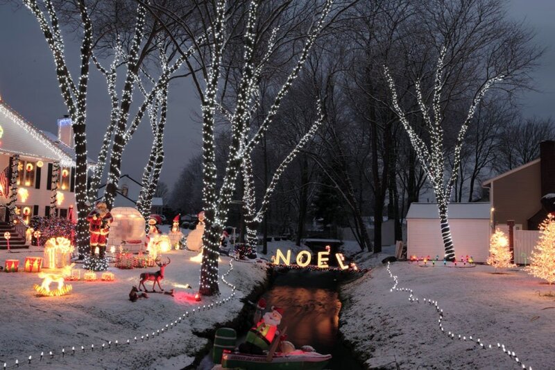 Christmas Light Display — White, Festive, Night, Photograph, Santa Claus