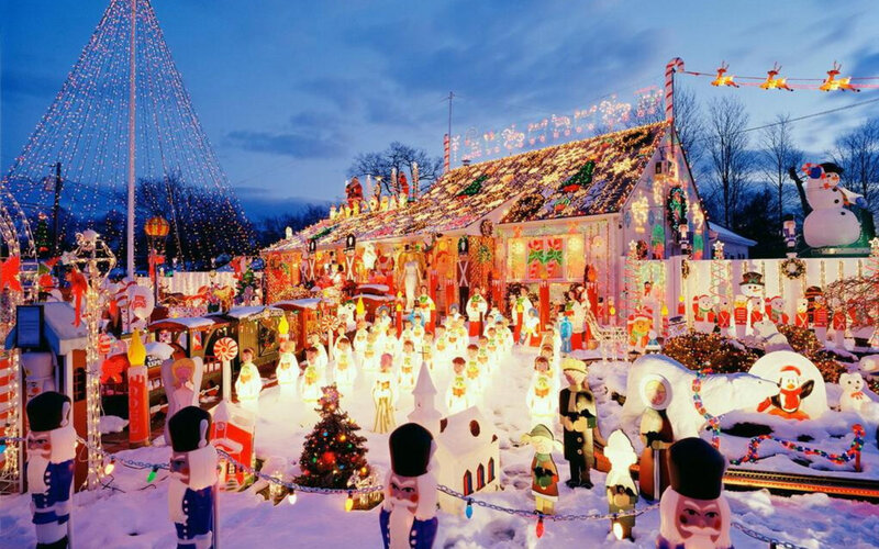 Christmas Light Display — White, Festive, Night, Photograph, Snowman