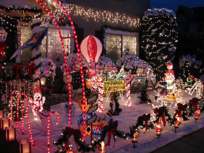 Christmas Light Display — White, Festive, Night, Photograph, Snowmen
