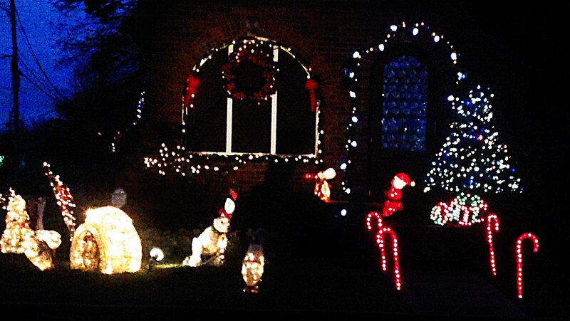 Christmas Light Display — White, Festive, Night, Photograph, Wreath