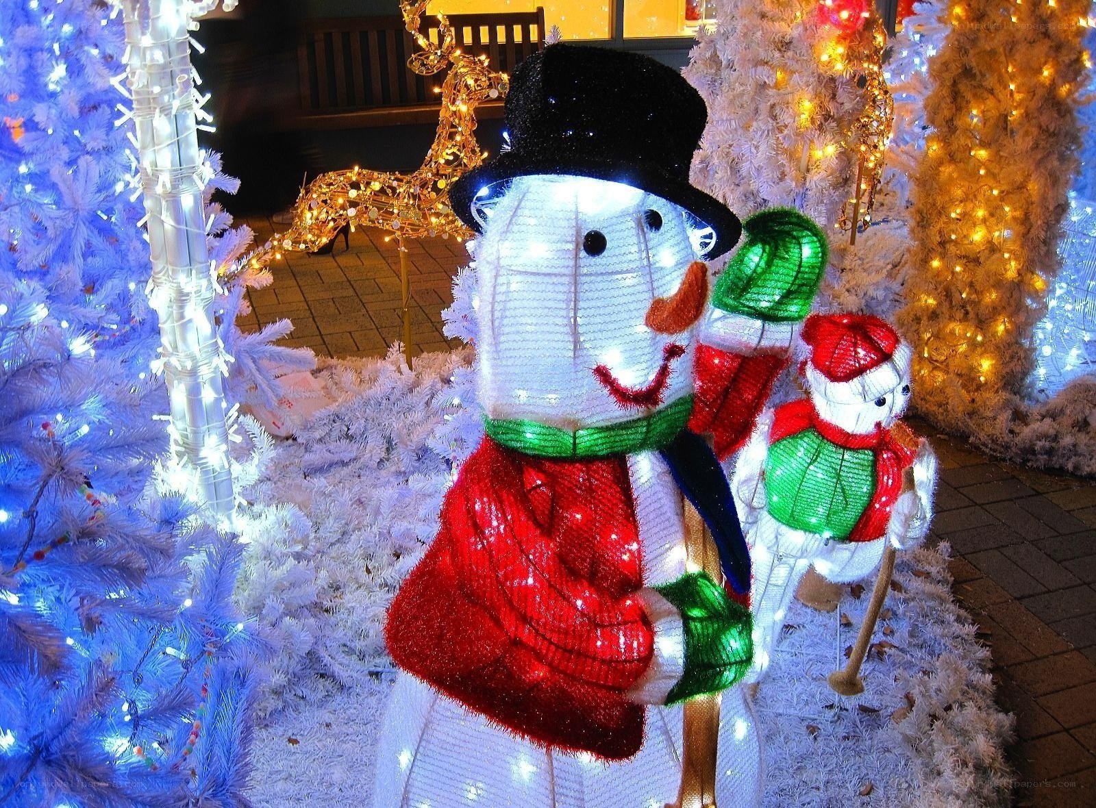 Christmas light display with snowmen