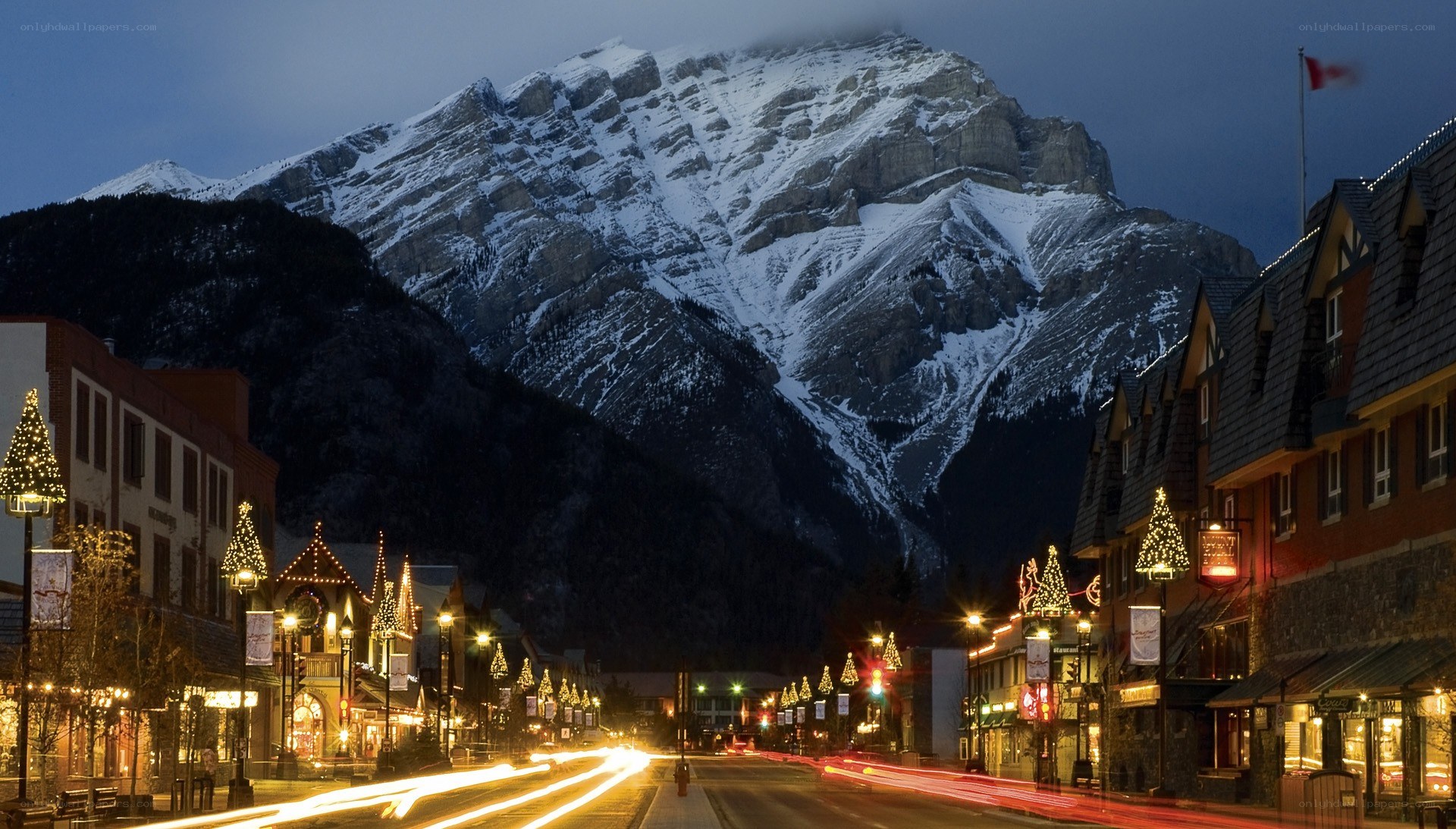 Christmas lights in a mountain town