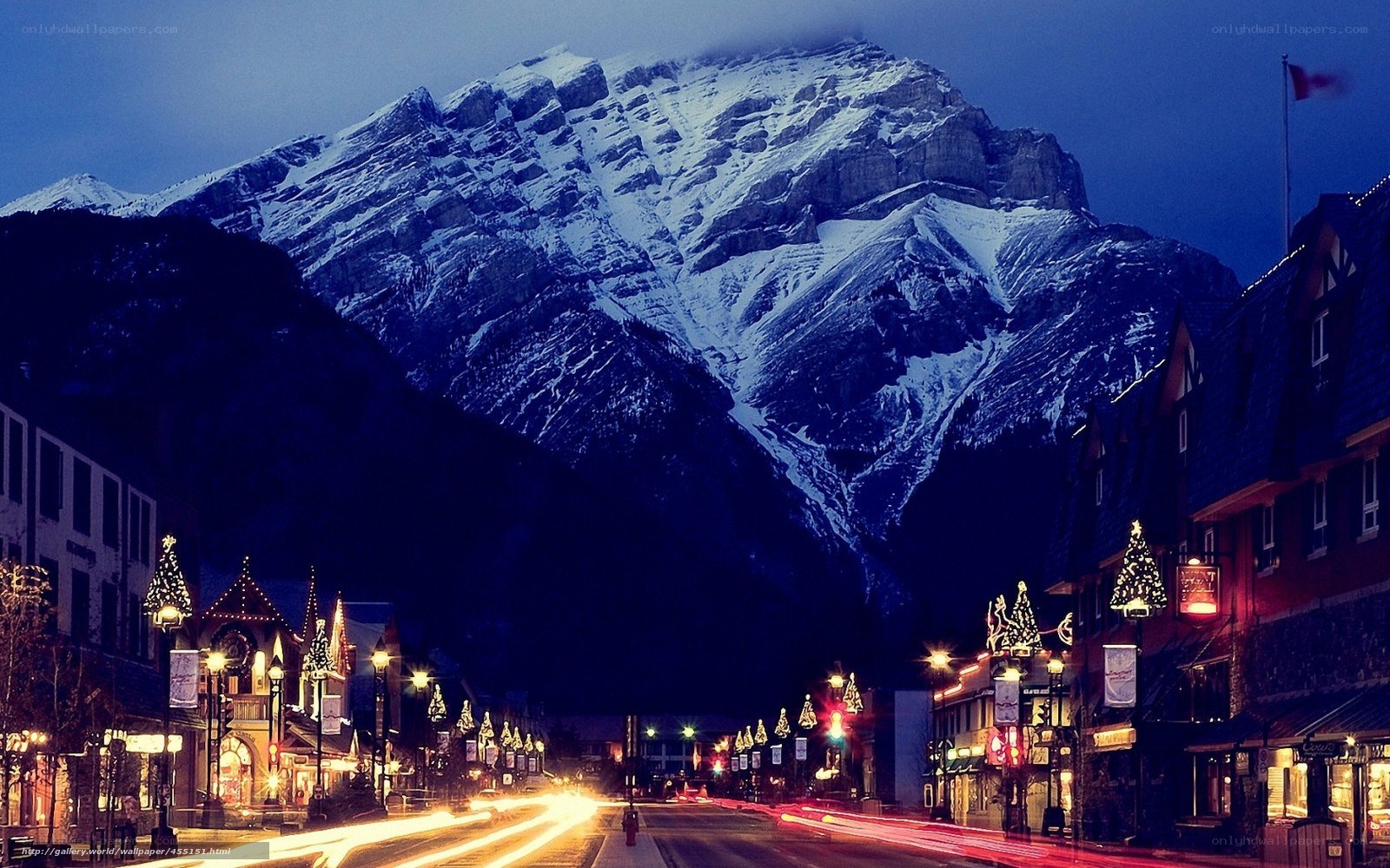 Christmas lights in a mountain town