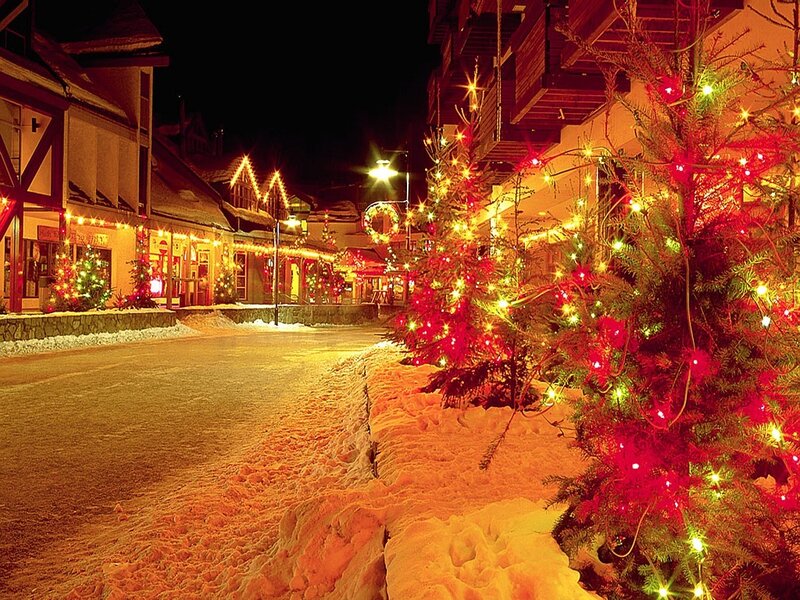 Christmas lights in a snowy village
