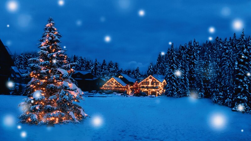 Christmas lights in snowy village