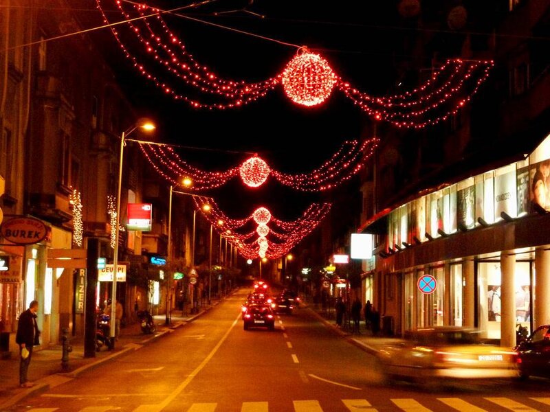 Christmas lights on a city street
