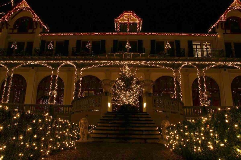 Christmas lights on a grand house