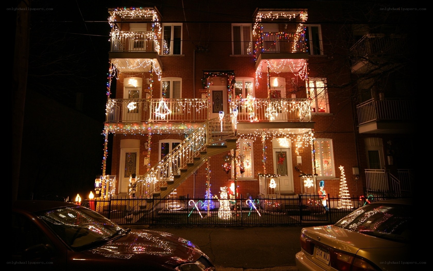 Christmas lights on apartment building