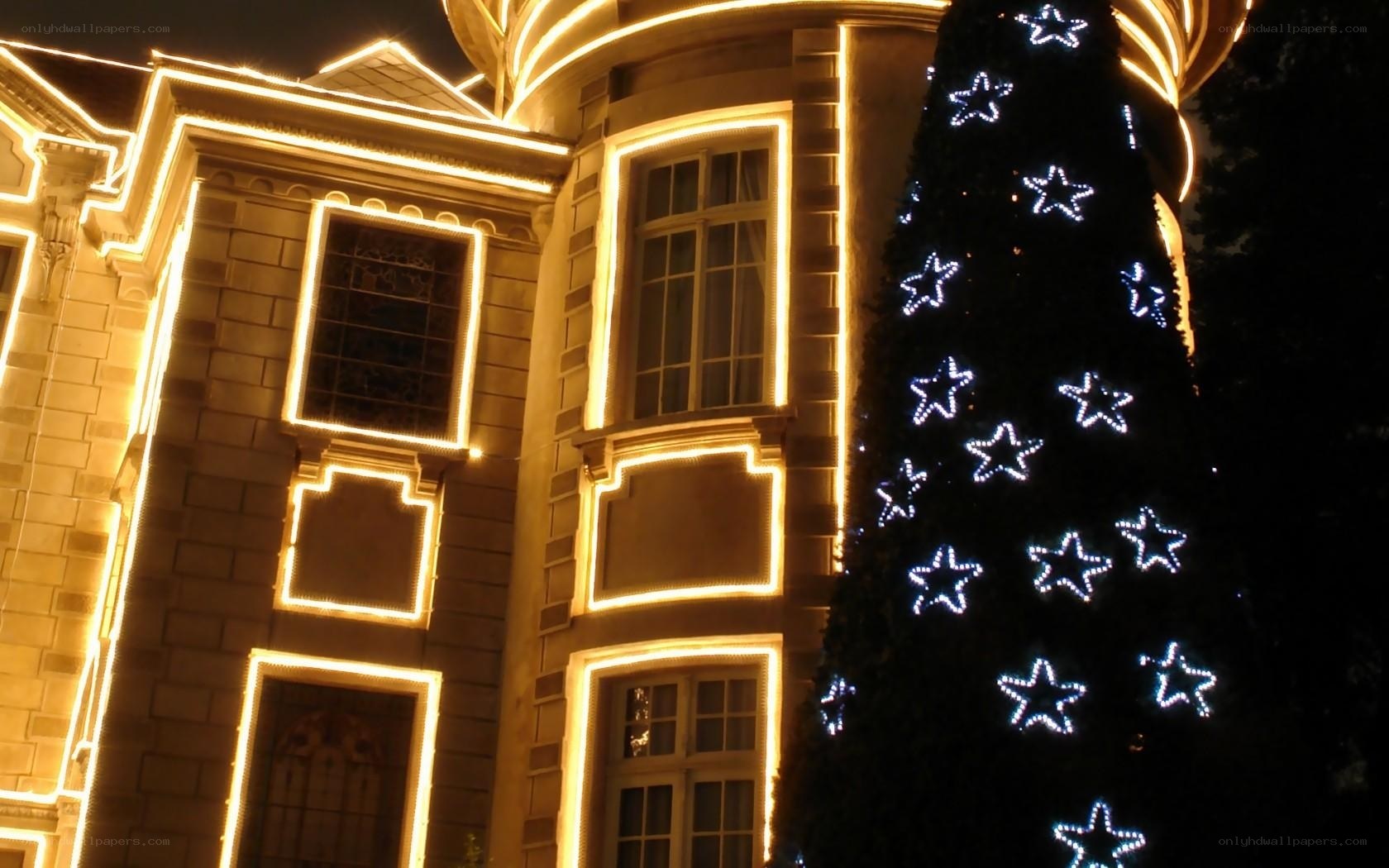 Christmas lights on building