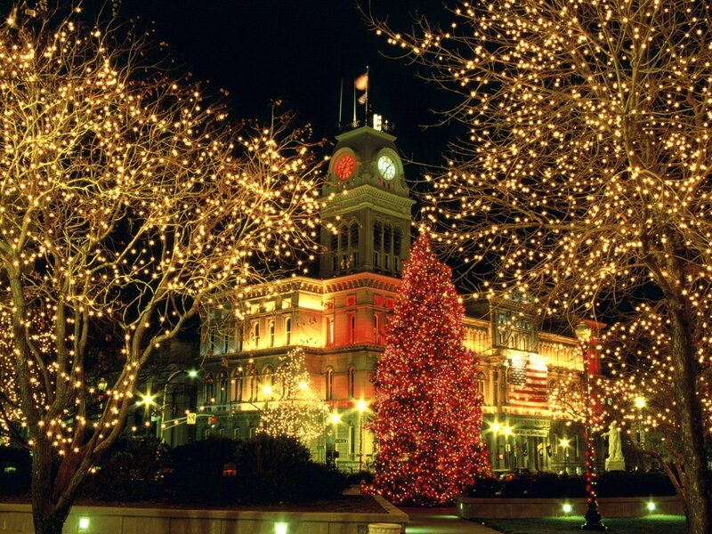 Christmas lights on town hall
