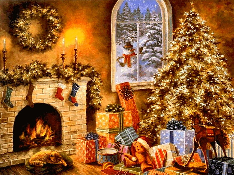Christmas Living Room — Brown, Cozy, Winter, Painting