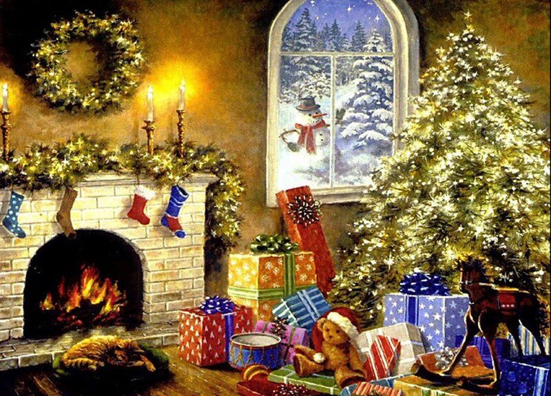 Christmas Living Room — Green, Cozy, Winter, Painting