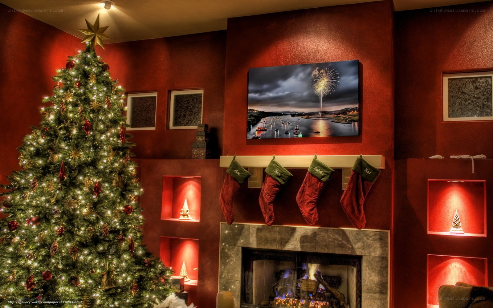 Christmas living room with fireplace