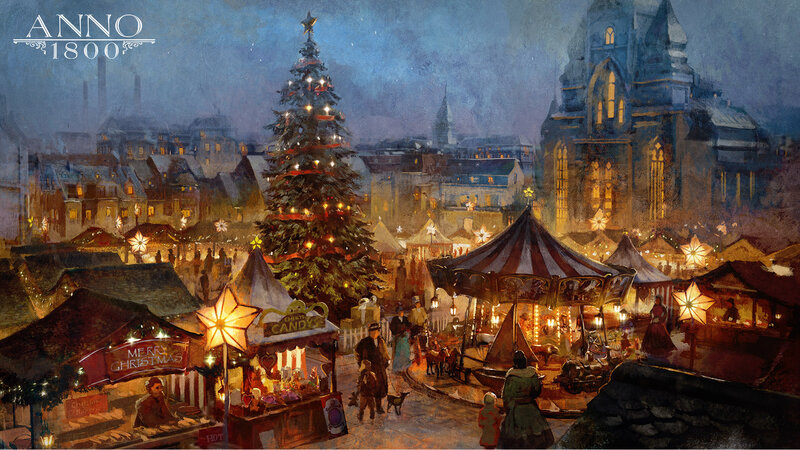 Christmas Market at Night — Blue, Festive, Painting