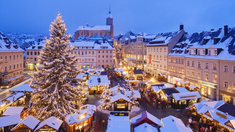 Christmas market in snowy town