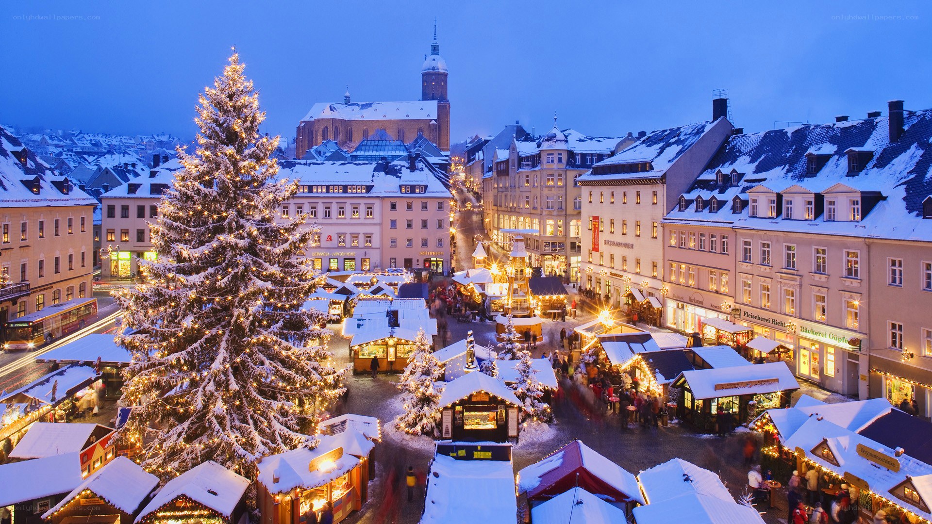 Christmas market in snowy town