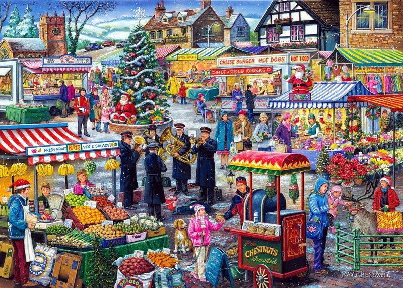 Christmas Market Scene — Red, Festive