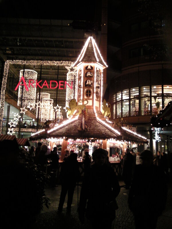 Christmas market stall at night