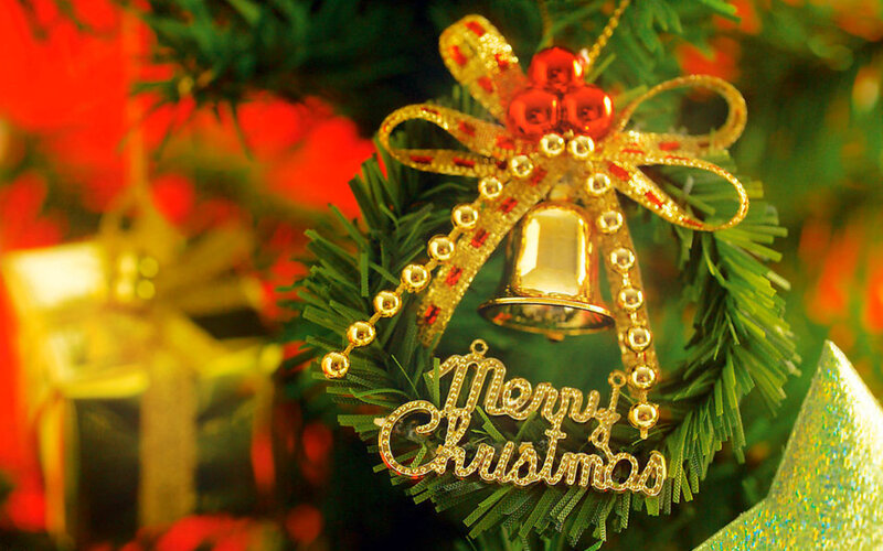 Christmas Ornament on Tree — Green, Festive, Winter, Photograph, Bell