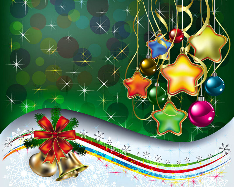Christmas Ornaments and Bells — Green, Festive, Winter, Vector Art, Stars