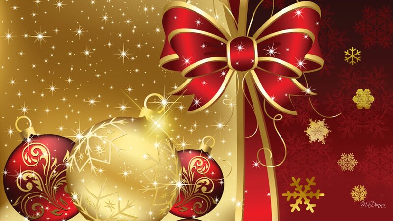 Christmas Ornaments and Bow — Red, Festive, Winter, Digital Art