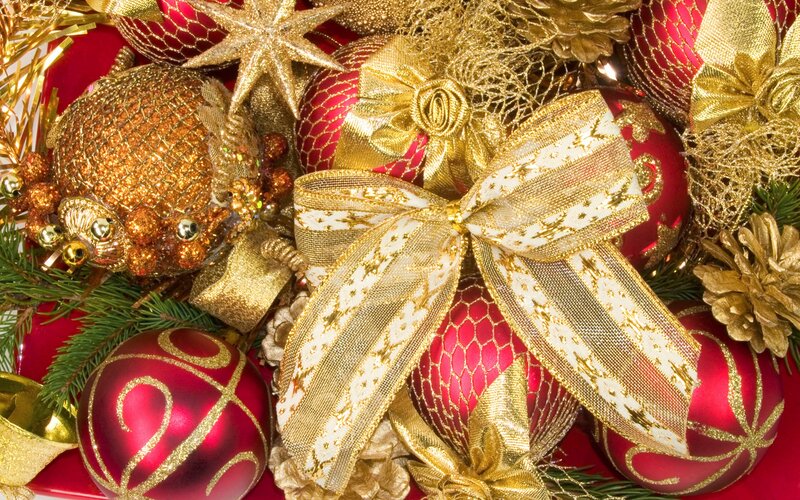 Christmas Ornaments and Bows — Red, Festive