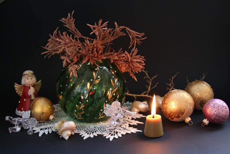 Christmas Ornaments and Candle — Black