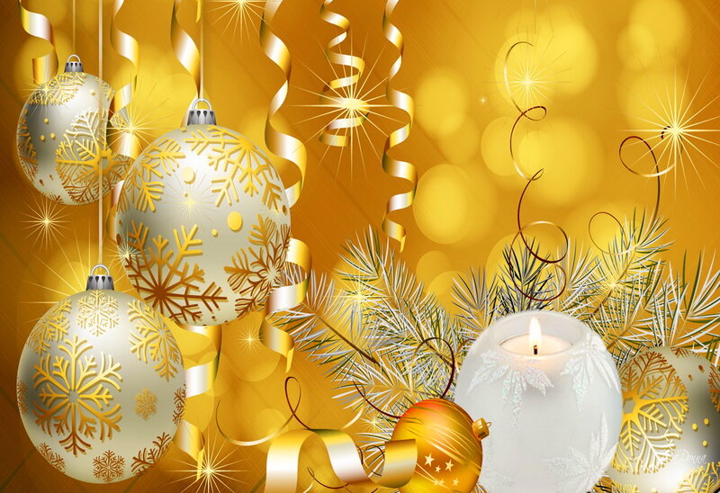 Christmas Ornaments and Candle — Gold, Festive