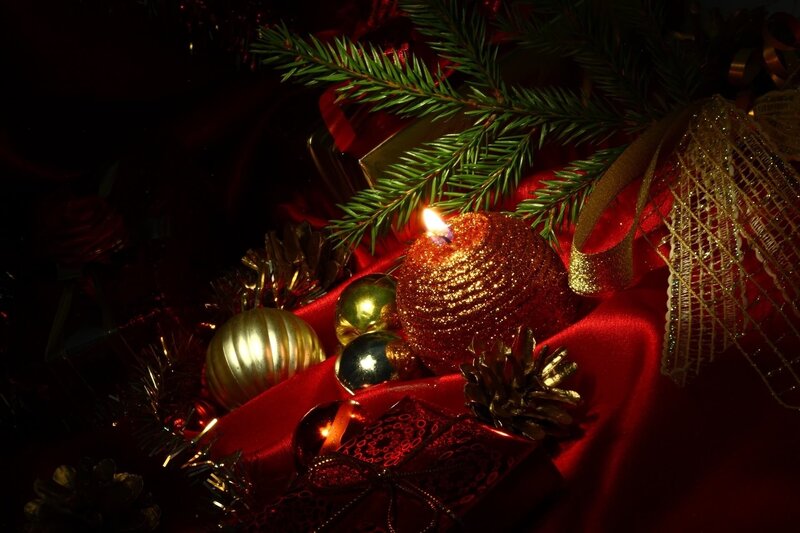 Christmas Ornaments and Candle — Red, Dramatic