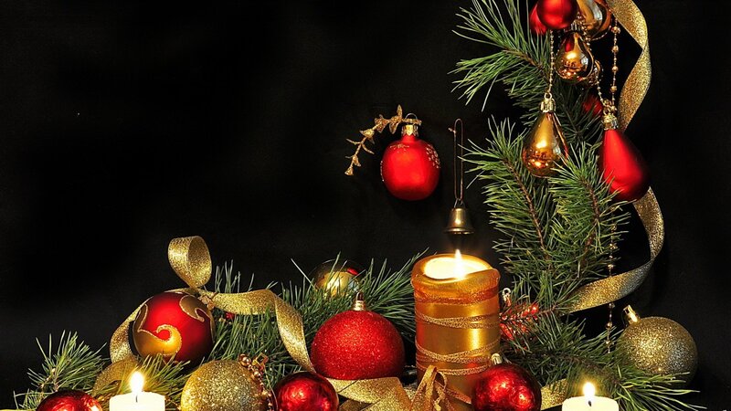 Christmas Ornaments and Candles — Red, Festive, Night