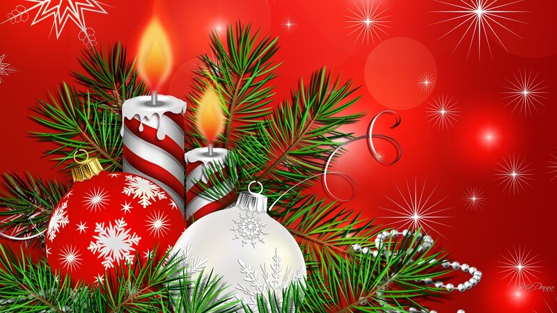 Christmas Ornaments and Candles — Red, Festive, Winter, Digital Art, Pine Branches, Beads