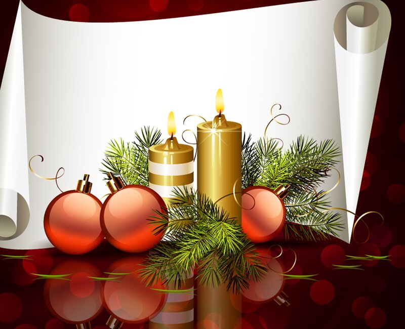 Christmas Ornaments and Candles — Red, Festive, Winter, Digital Art, Pine Branches