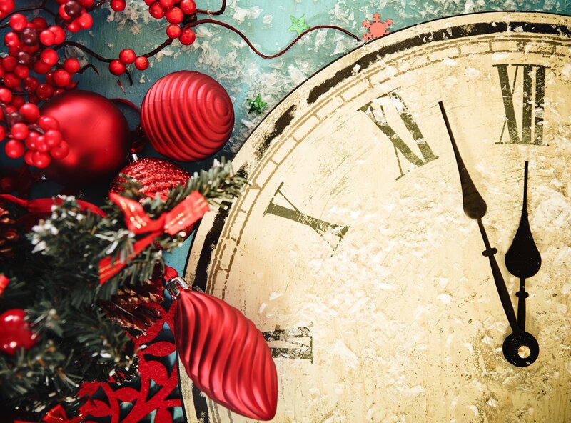 Christmas Ornaments and Clock — Red