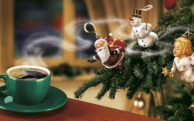 Christmas ornaments and coffee