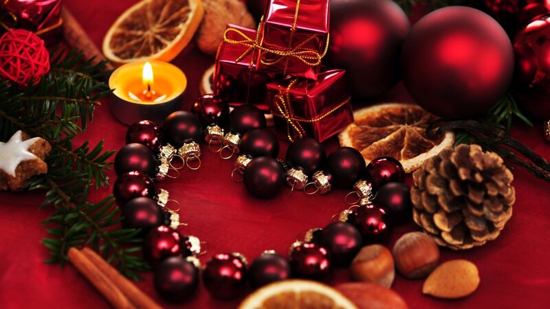 Christmas Ornaments and Decorations — Red, Festive, Winter, Photograph, Pine Cones
