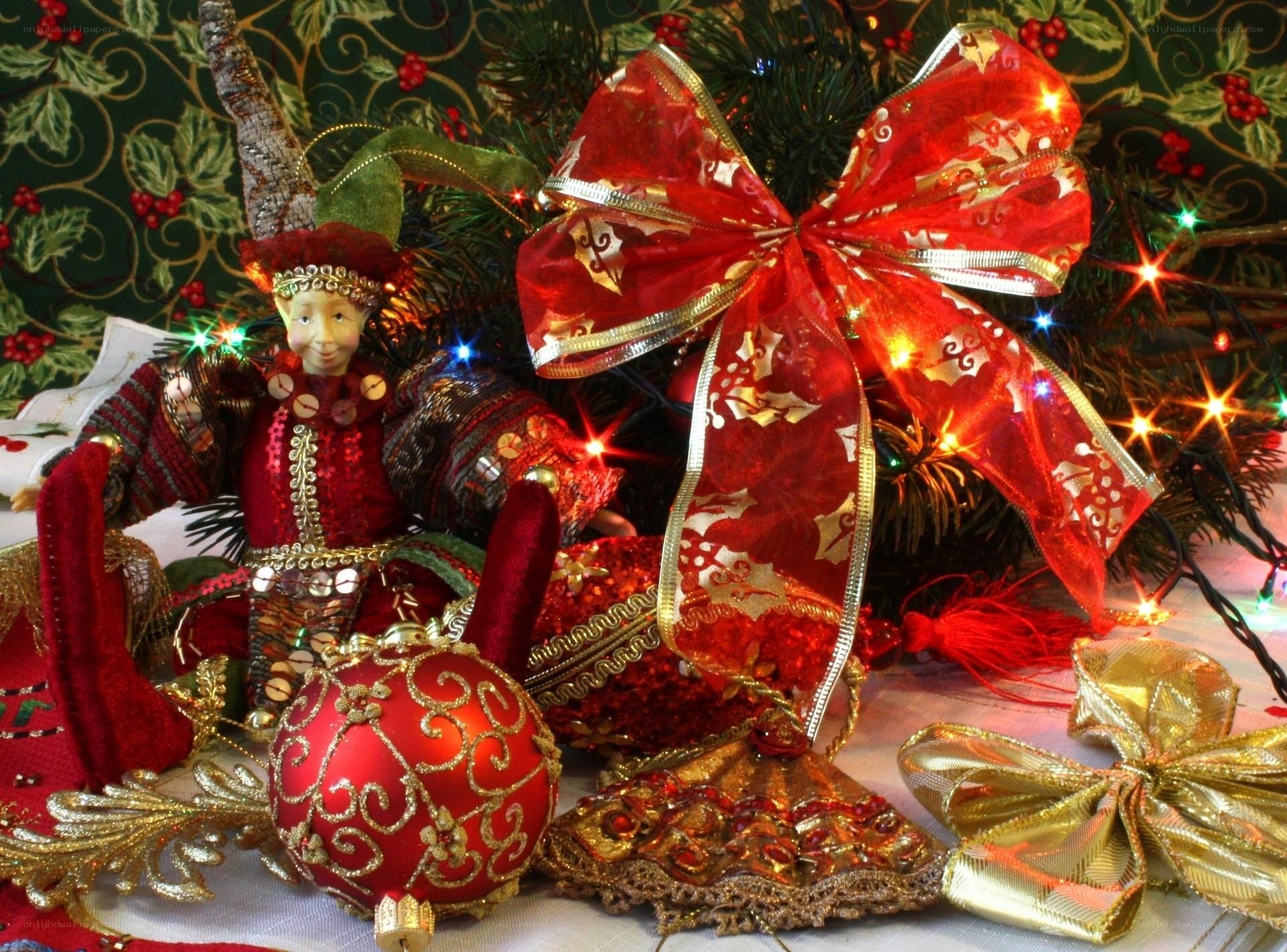Christmas ornaments and elf figurine