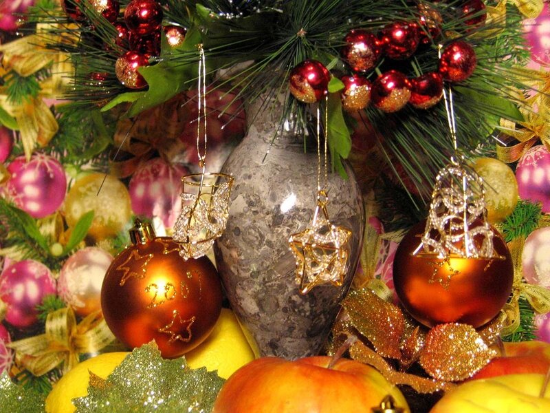 Christmas Ornaments and Fruit