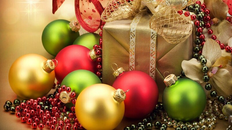 Christmas Ornaments and Gift — Gold, Festive, Winter, Photograph