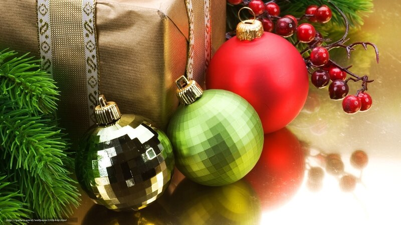 Christmas Ornaments and Gift — Red, Festive, Winter, Photograph, Berries, Pine Branches