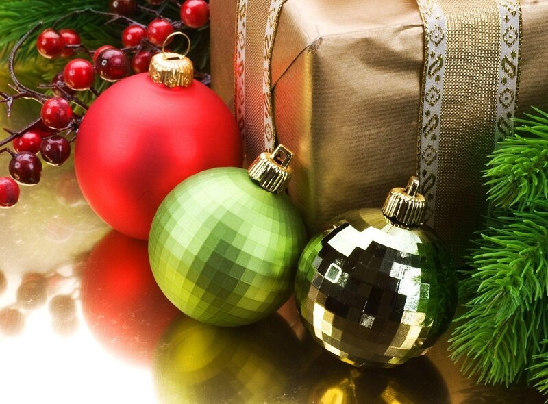 Christmas Ornaments and Gift — Red, Festive, Winter, Photograph, Berries