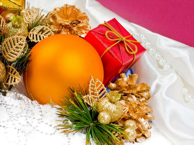 Christmas Ornaments and Gift — Red, Festive, Winter, Photograph, Pine Cones