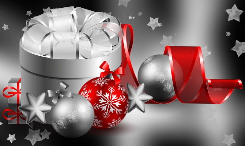 Christmas Ornaments and Gifts — Red, Festive, Winter, Digital Art, Ribbons