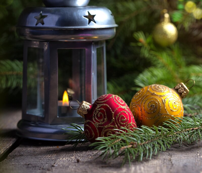 Christmas Ornaments and Lantern — Red
