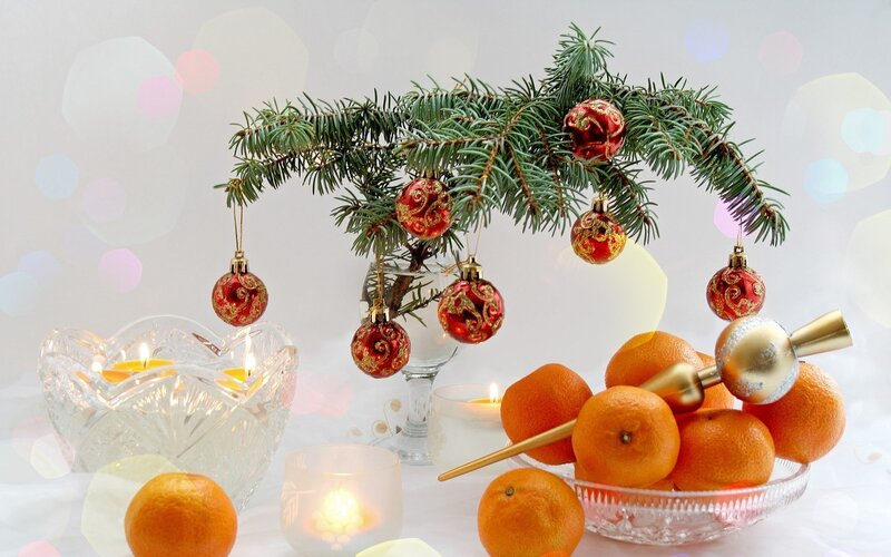 Christmas Ornaments and Oranges — White, Festive