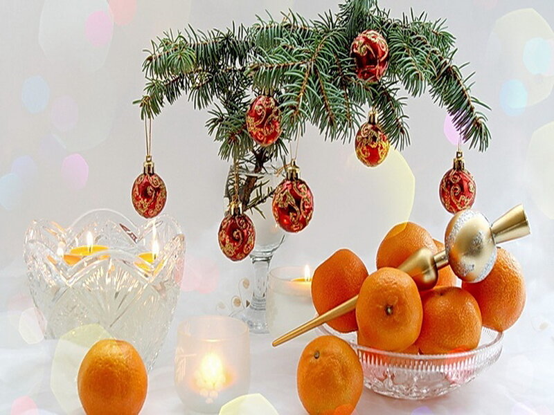 Christmas Ornaments and Oranges — White, Festive, Winter
