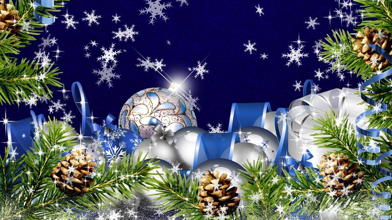 Christmas Ornaments and Pine — Blue, Festive