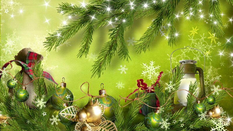 Christmas Ornaments and Pine Branches — Green