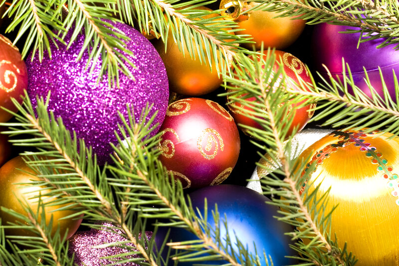 Christmas Ornaments and Pine Branches — Purple, Festive
